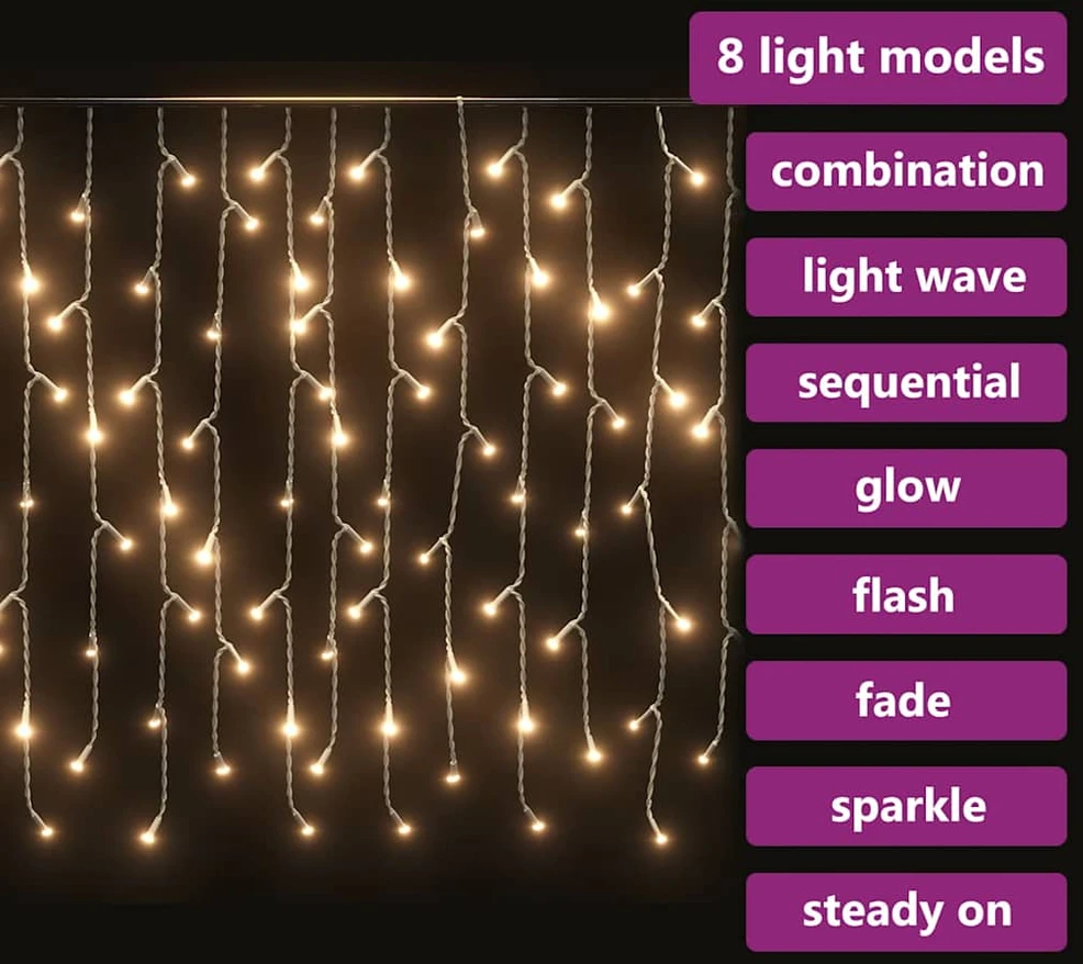 LED girlianda varvekliai, 10m, 400 šiltų baltų LED, 8 funkcijos