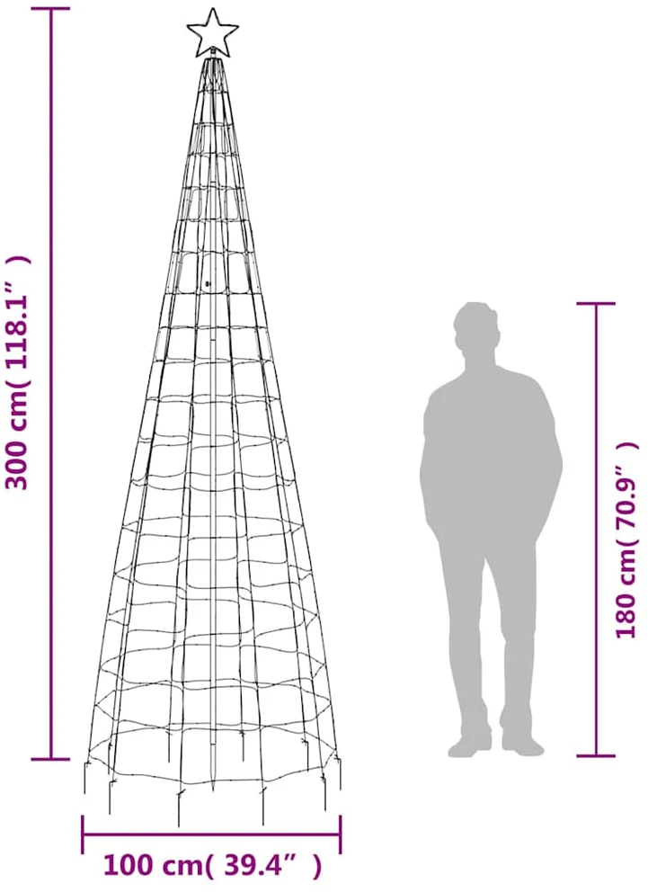 Šviečianti Kalėdų eglutė, 300cm, 570 spalvotų LED, kūgio formos
