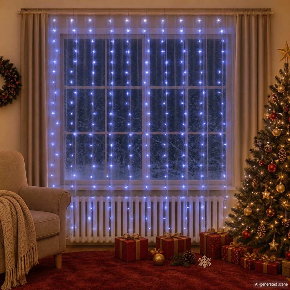 LED lempučių užuolaida, 3x3m, 300 mėlynų LED lempučių