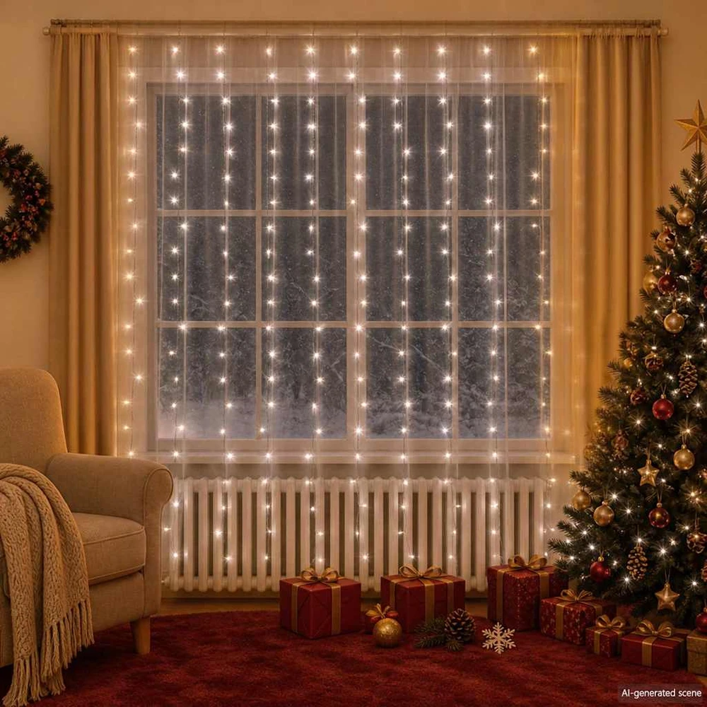 LED lempučių užuolaida, 3x3m, 300 šaltų baltų LED lempučių