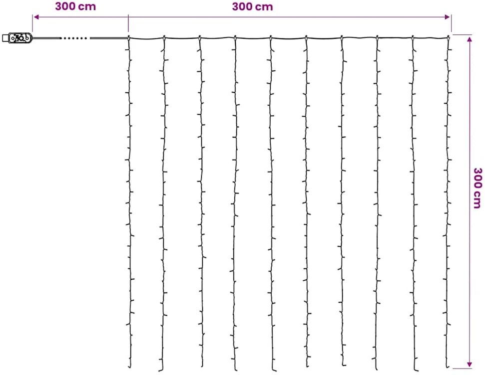 LED lempučių užuolaida, 3x3m, 300 šiltų baltų LED lempučių