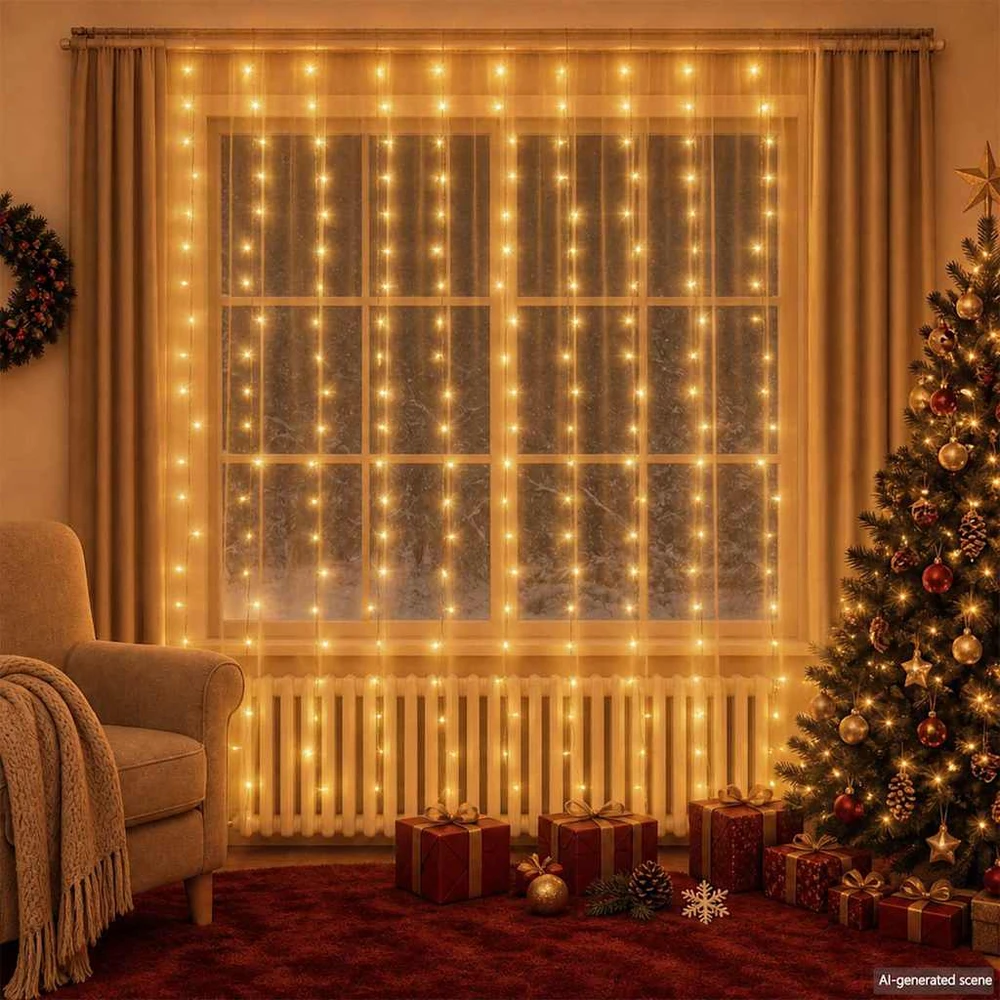 LED lempučių užuolaida, 3x3m, 300 šiltų baltų LED lempučių