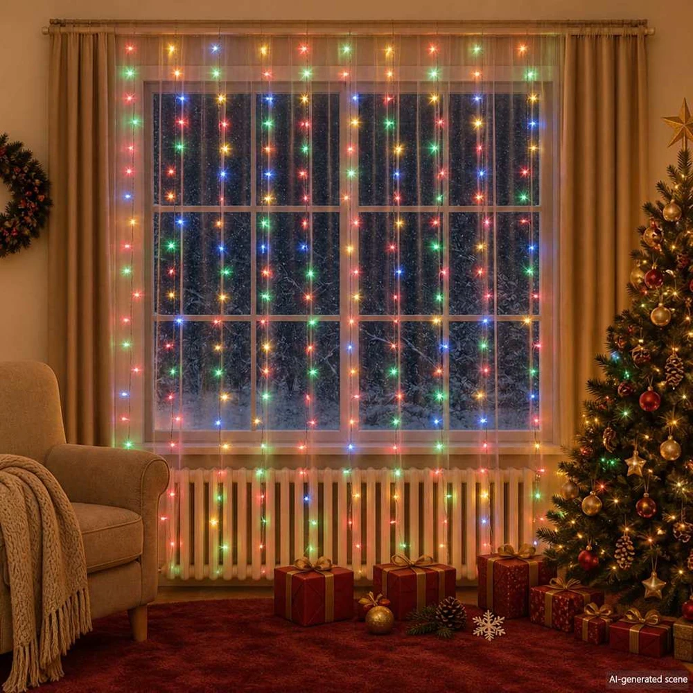 LED lempučių užuolaida, 3x3m, 300 spalvotų LED lempučių