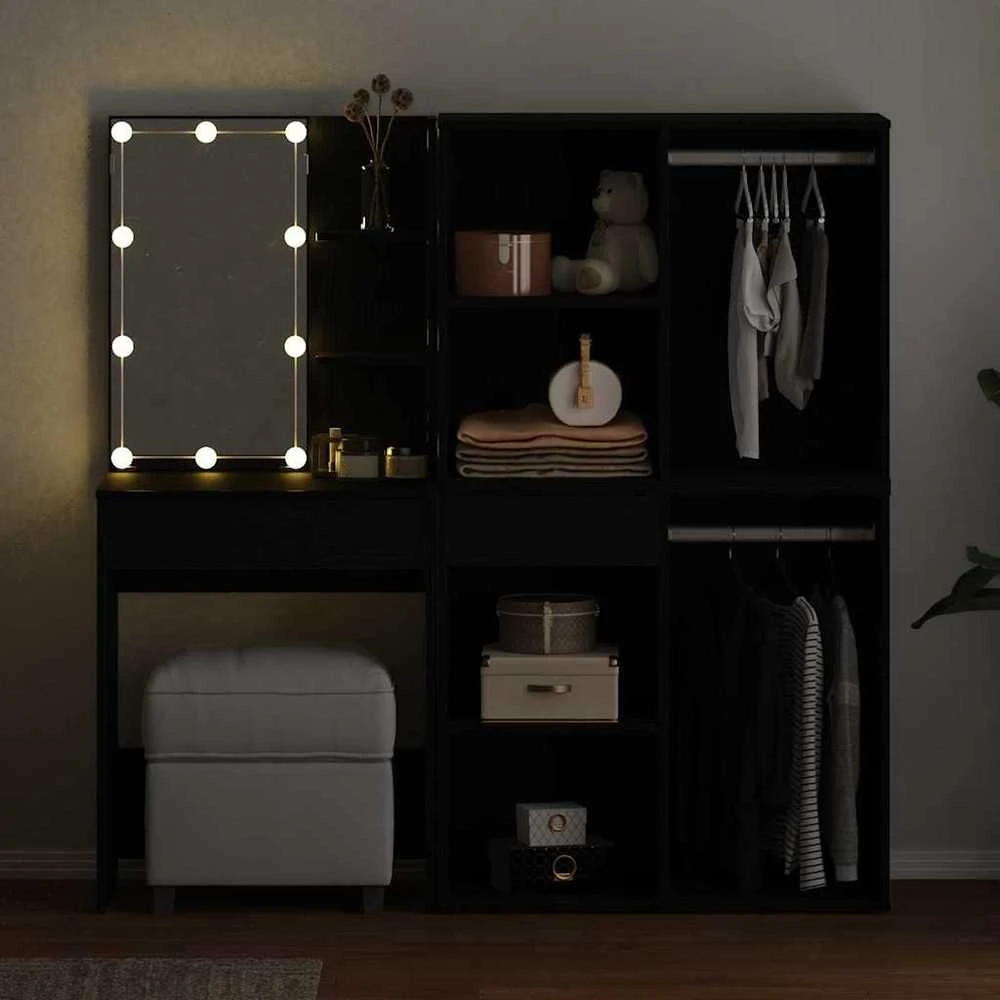 LED makiažo stalo komplektas Juodas ąžuolas 140 x 40 x 140 cm