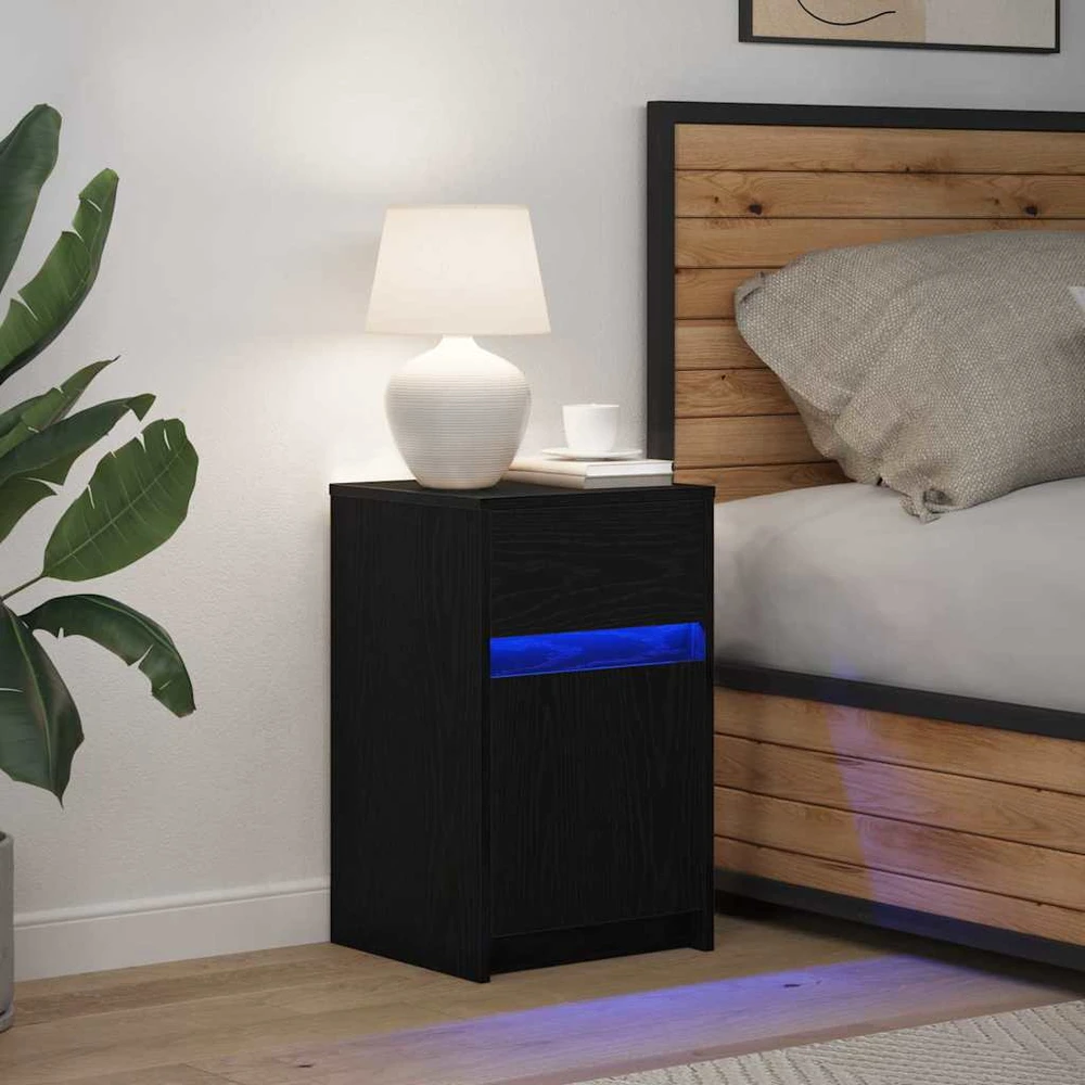LED naktinis staliukas su spintelėmis juoda ąžuolo
