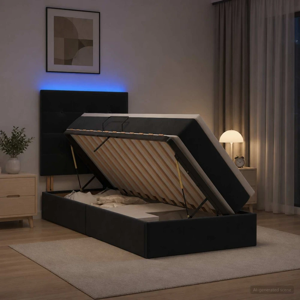 LED saugojimo lova su čiužiniu Juoda 100 x 200 cm Aksomas