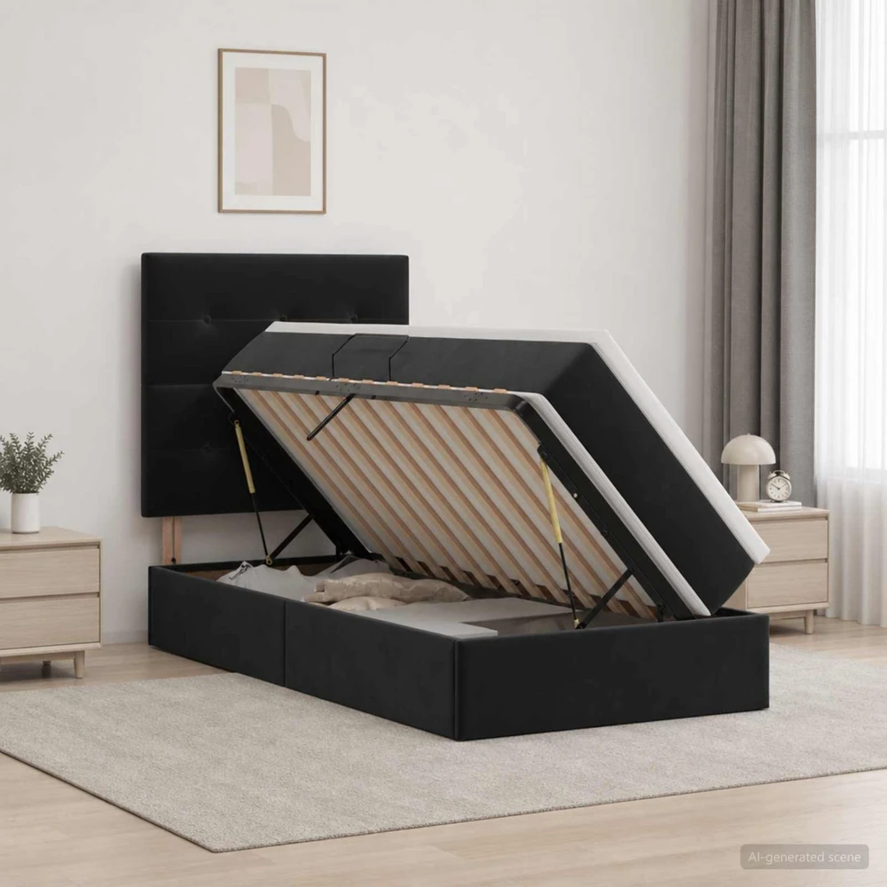 LED saugojimo lova su čiužiniu Juoda 100 x 200 cm Aksomas