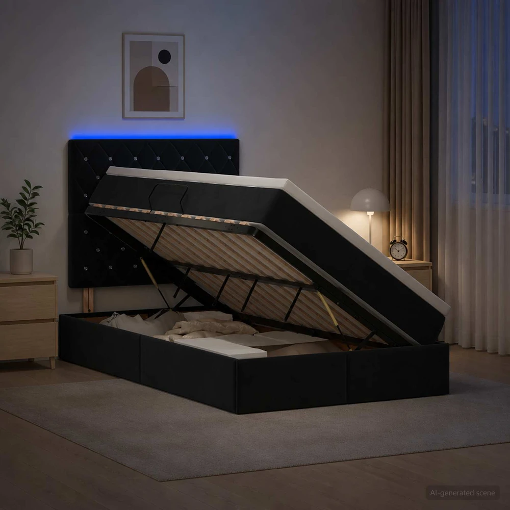 LED saugojimo lova su čiužiniu Juoda 120 x 200 cm Aksomas