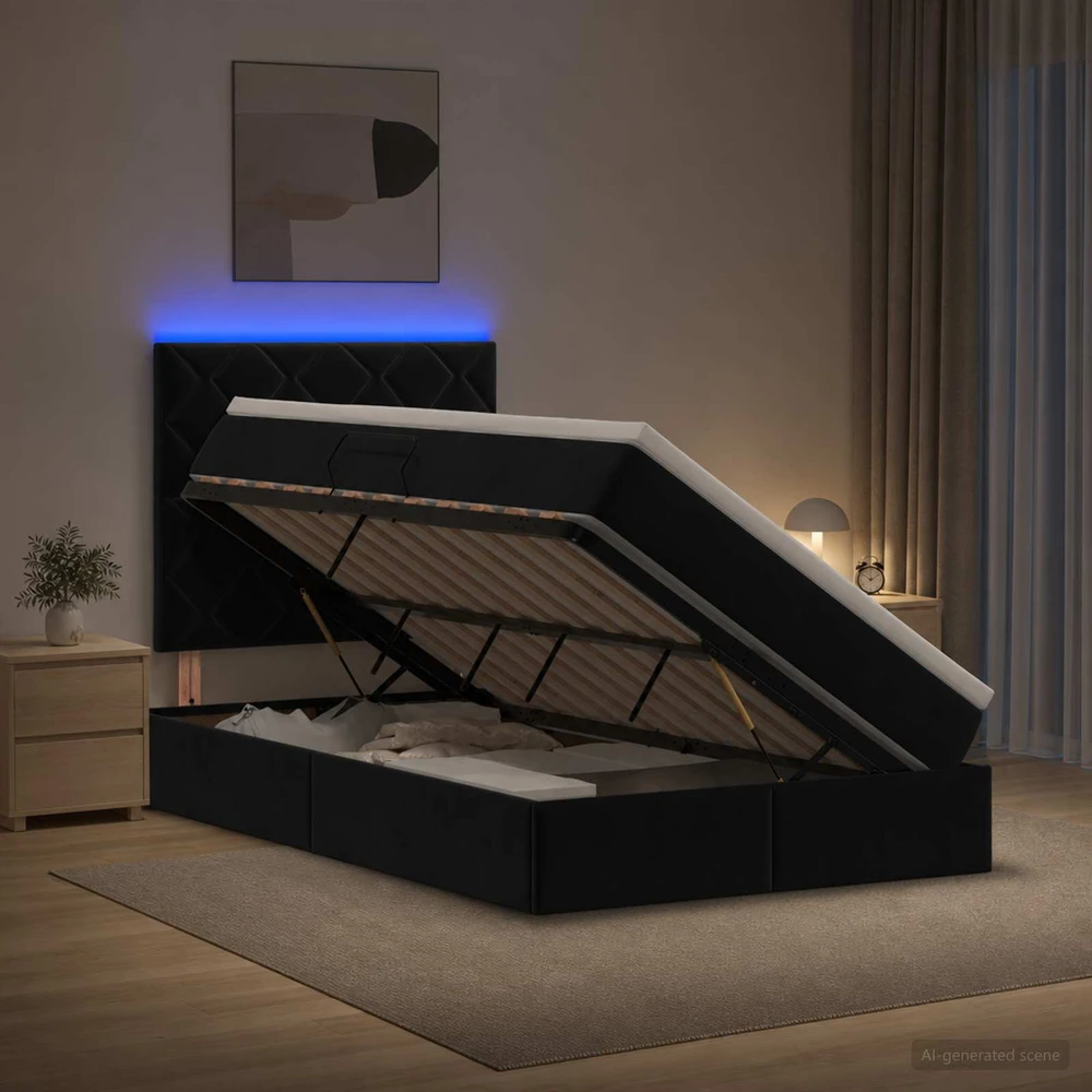 LED saugojimo lova su čiužiniu Juoda 120 x 200 cm Aksomas