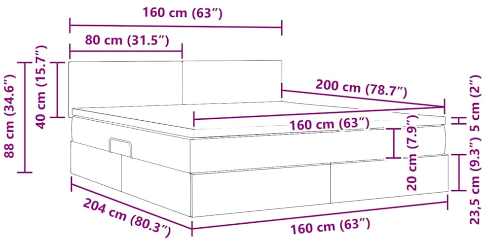 LED saugojimo lova su čiužiniu Juoda 160 x 200 cm Aksomas