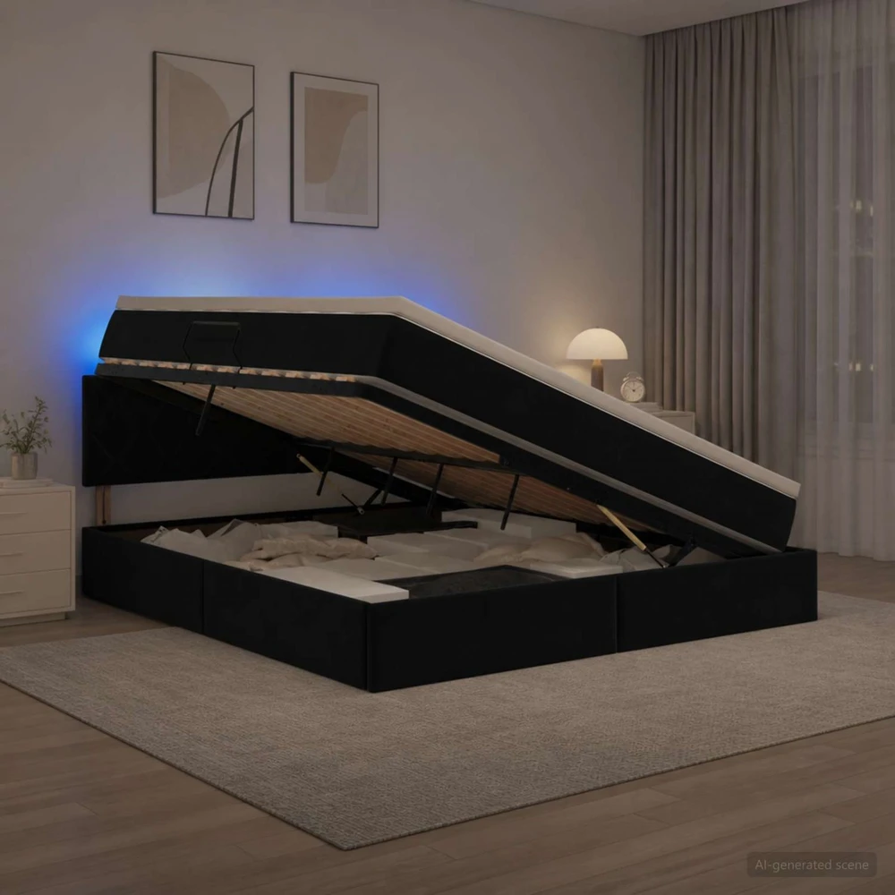LED saugojimo lova su čiužiniu Juoda 160 x 200 cm Aksomas