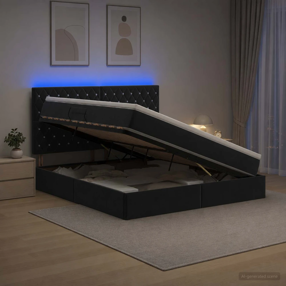 LED saugojimo lova su čiužiniu Juoda 160 x 200 cm Aksomas