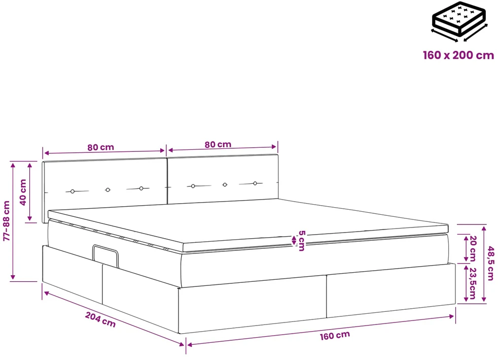 LED saugojimo lova su čiužiniu Juoda 160 x 200 cm Aksomas