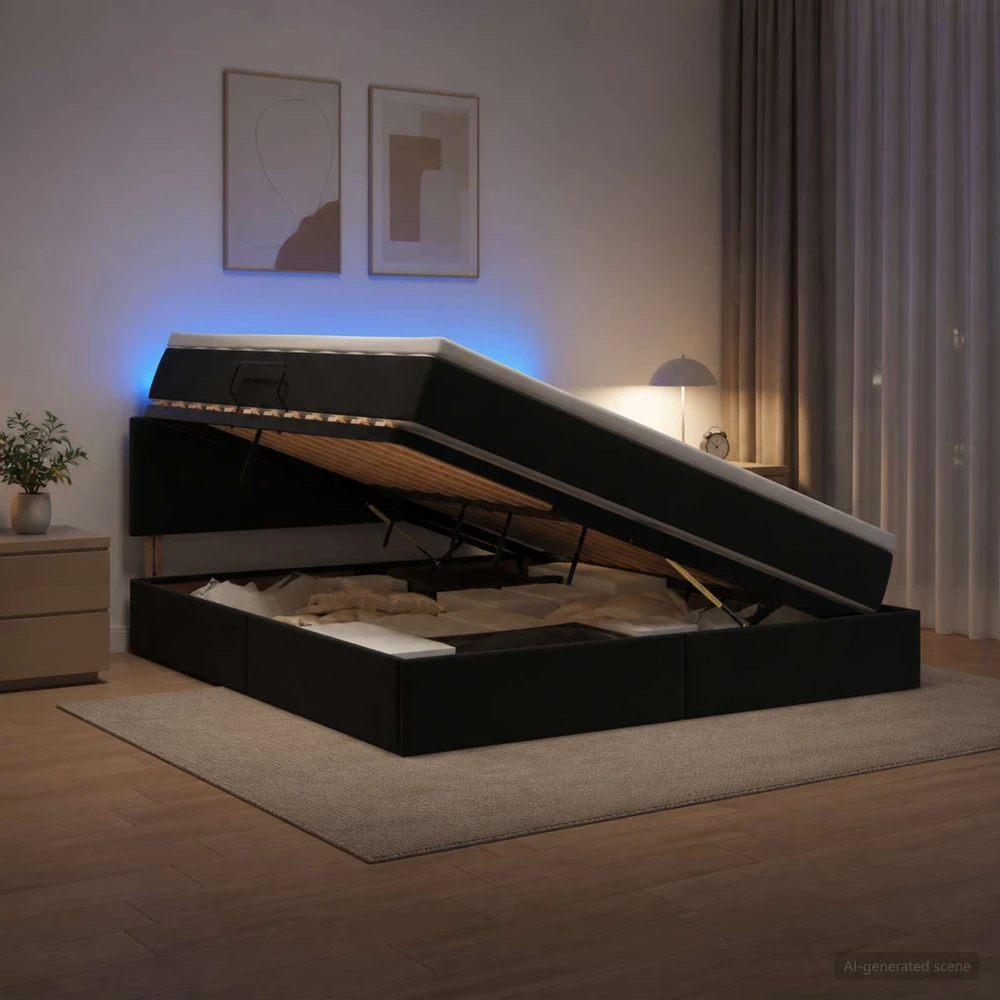 LED saugojimo lova su čiužiniu Juoda 160 x 200 cm Aksomas