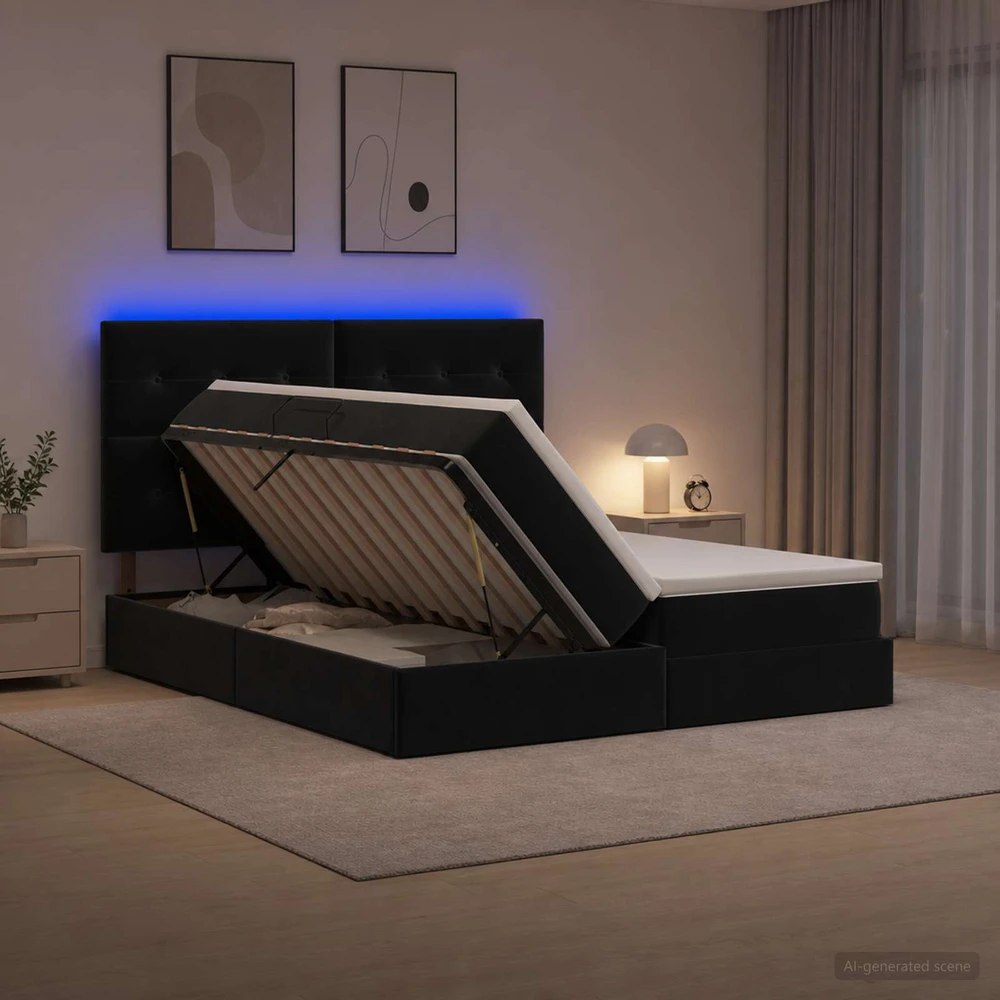 LED saugojimo lova su čiužiniu Juoda 180 x 200 cm Aksomas