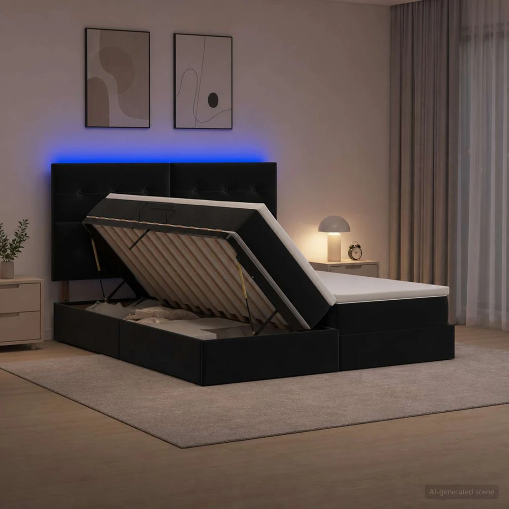 LED saugojimo lova su čiužiniu Juoda 180 x 200 cm Aksomas