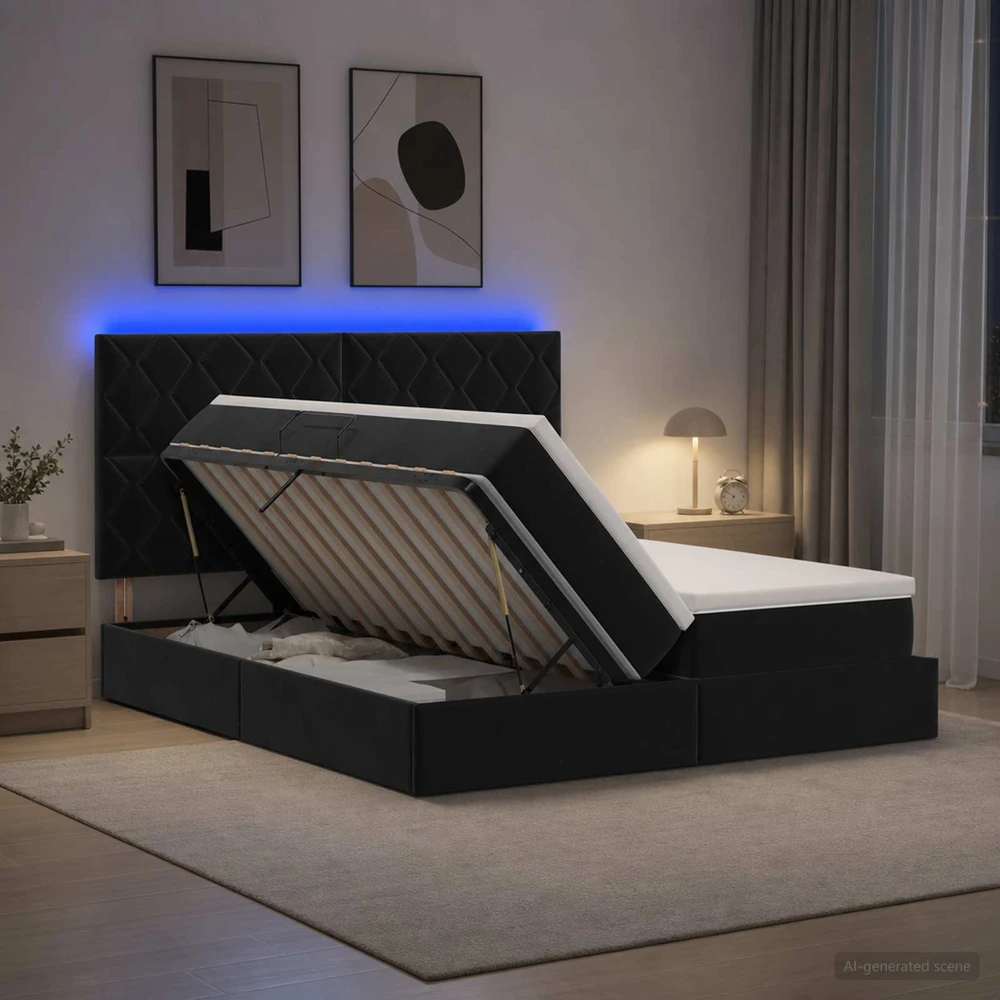 LED saugojimo lova su čiužiniu Juoda 180 x 200 cm Aksomas