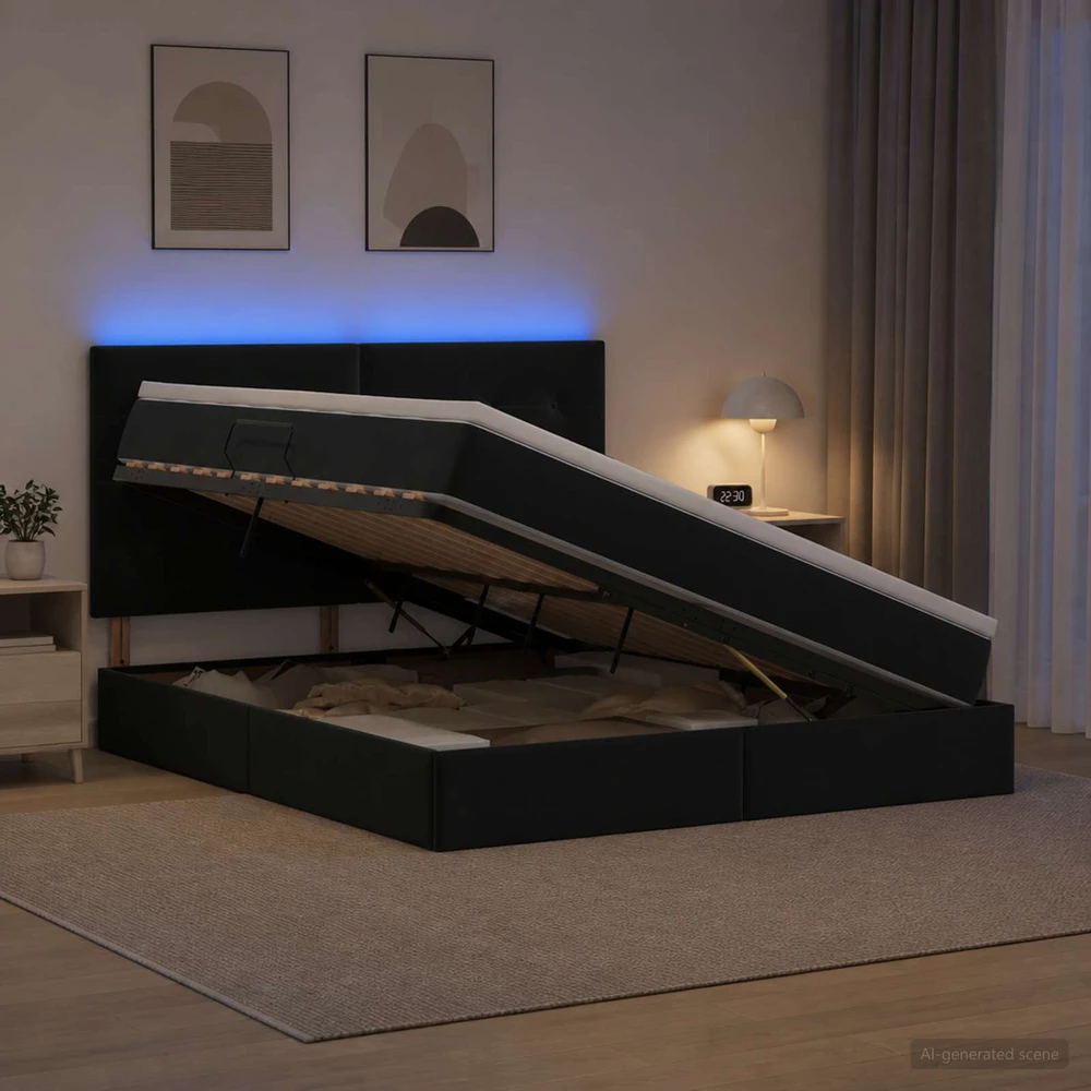 LED saugojimo lova su čiužiniu Juoda 180 x 200 cm Aksomas