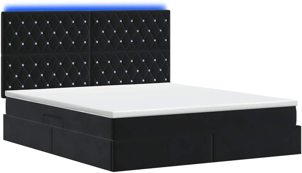 LED saugojimo lova su čiužiniu Juoda 180 x 200 cm Aksomas