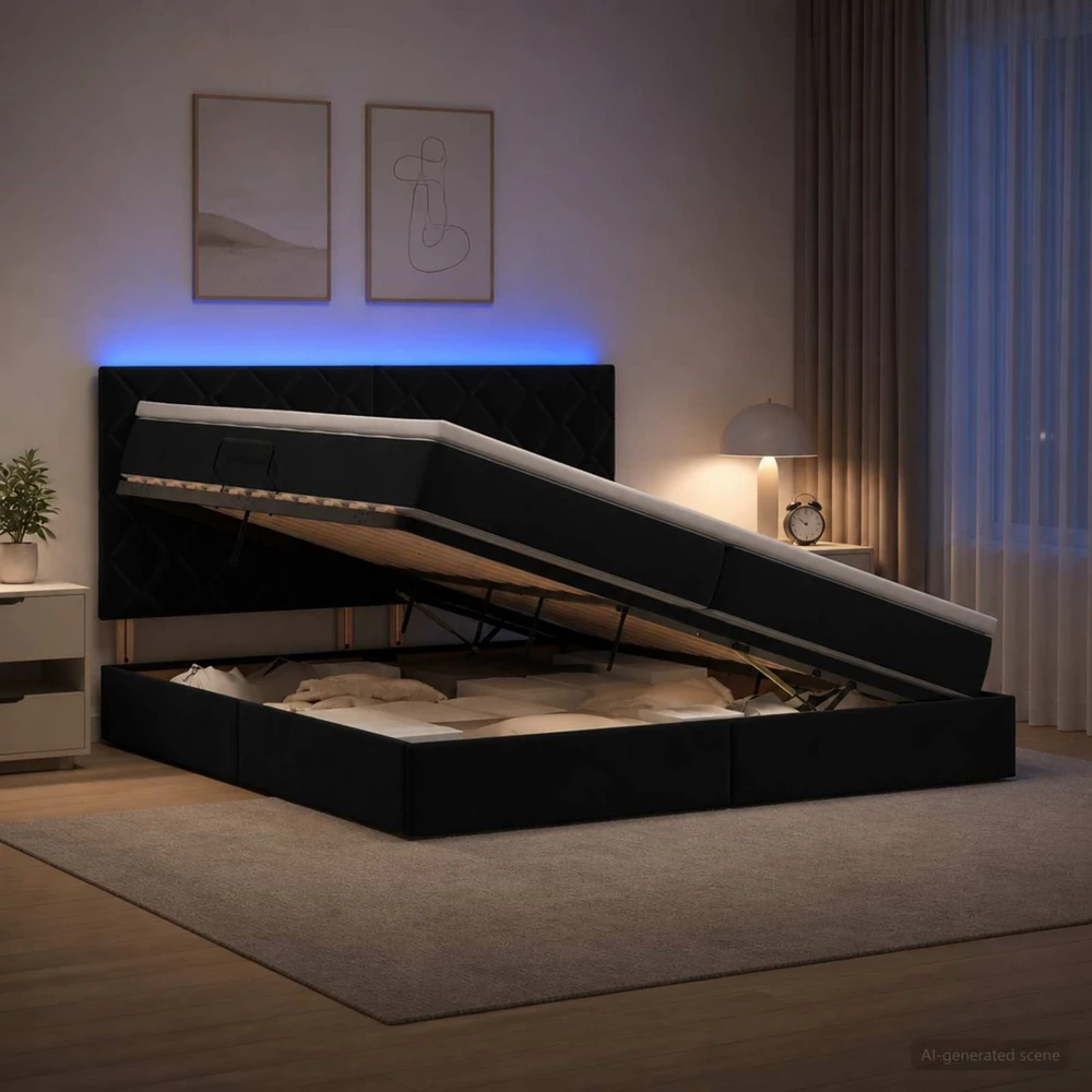 LED saugojimo lova su čiužiniu Juoda 200 x 200 cm Aksomas