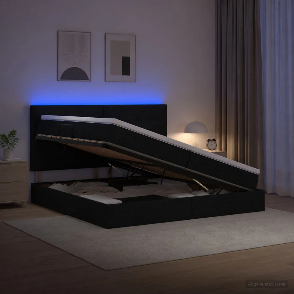 LED saugojimo lova su čiužiniu Juoda 200 x 200 cm Audinys