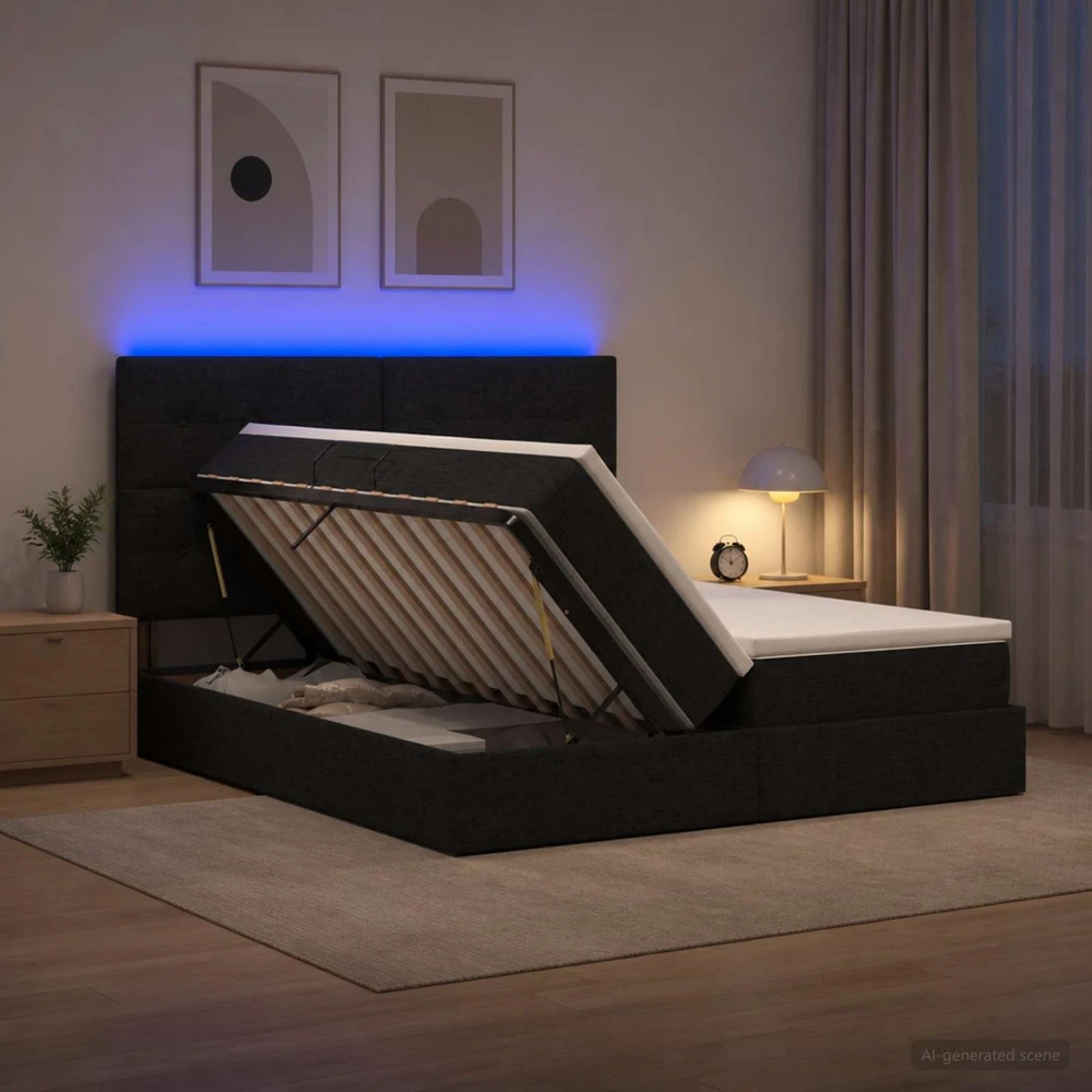 LED saugojimo lova su čiužiniu Juoda 200 x 200 cm Audinys