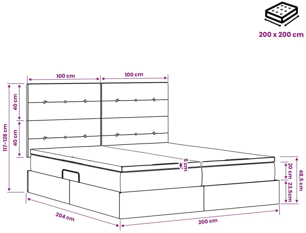 LED saugojimo lova su čiužiniu Juoda 200 x 200 cm Aksomas