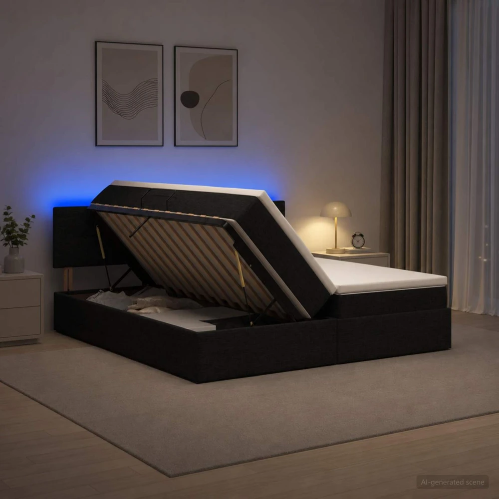 LED saugojimo lova su čiužiniu Juoda 200 x 200 cm Audinys