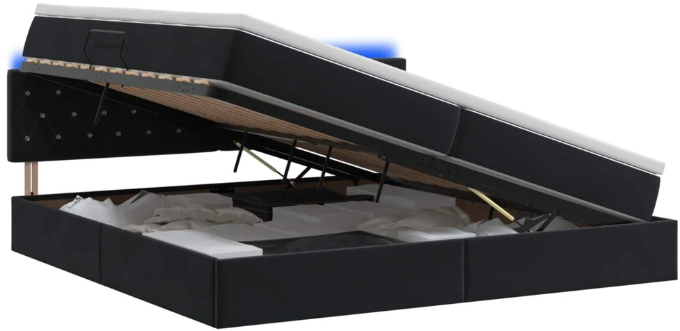 LED saugojimo lova su čiužiniu Juoda 200 x 200 cm Aksomas