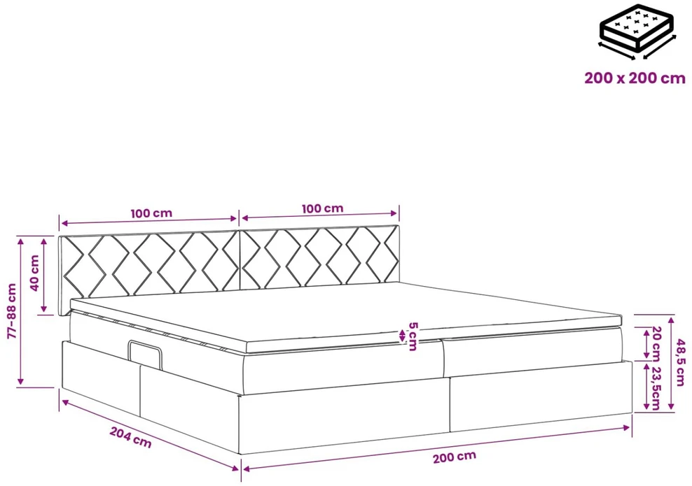 LED saugojimo lova su čiužiniu Juoda 200 x 200 cm Aksomas