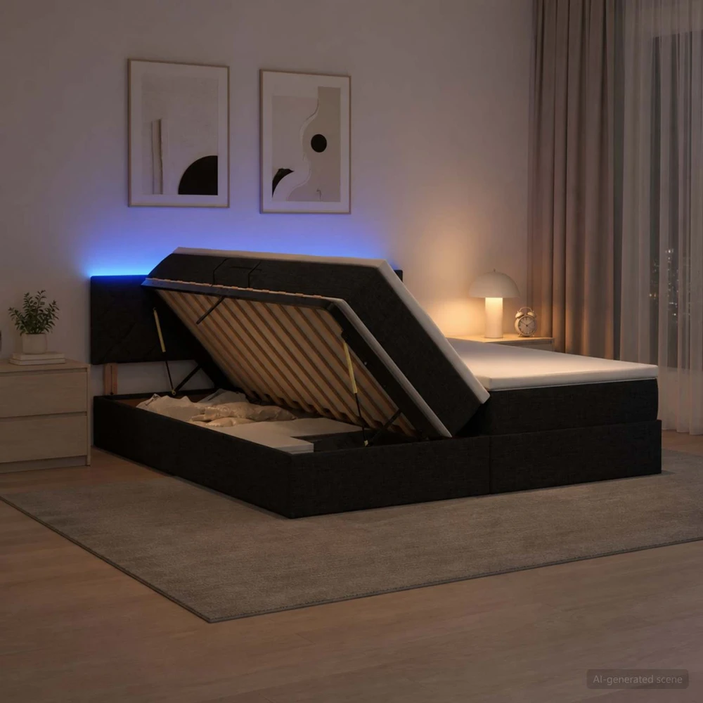 LED saugojimo lova su čiužiniu Juoda 200 x 200 cm Audinys