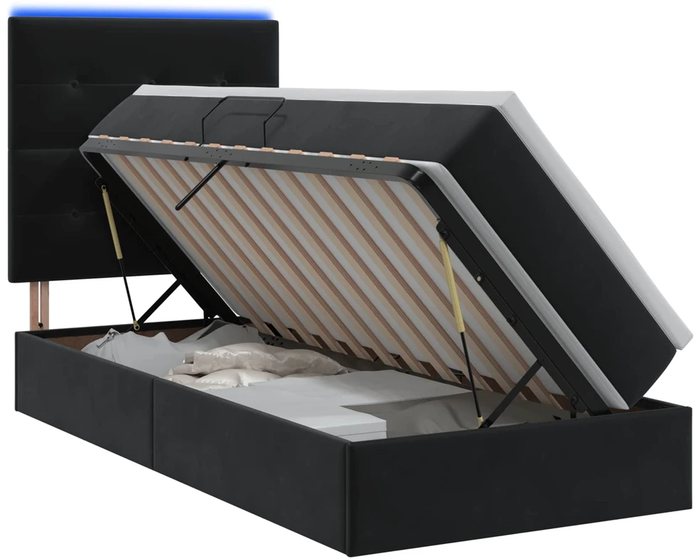 LED saugojimo lova su čiužiniu Juoda 90 x 200 cm Aksomas