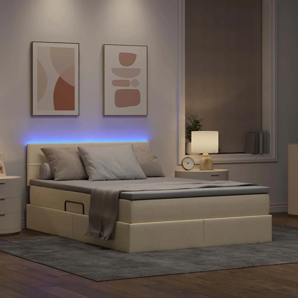 LED saugojimo lova su čiužiniu Kremas 140 x 200 cm Audinys