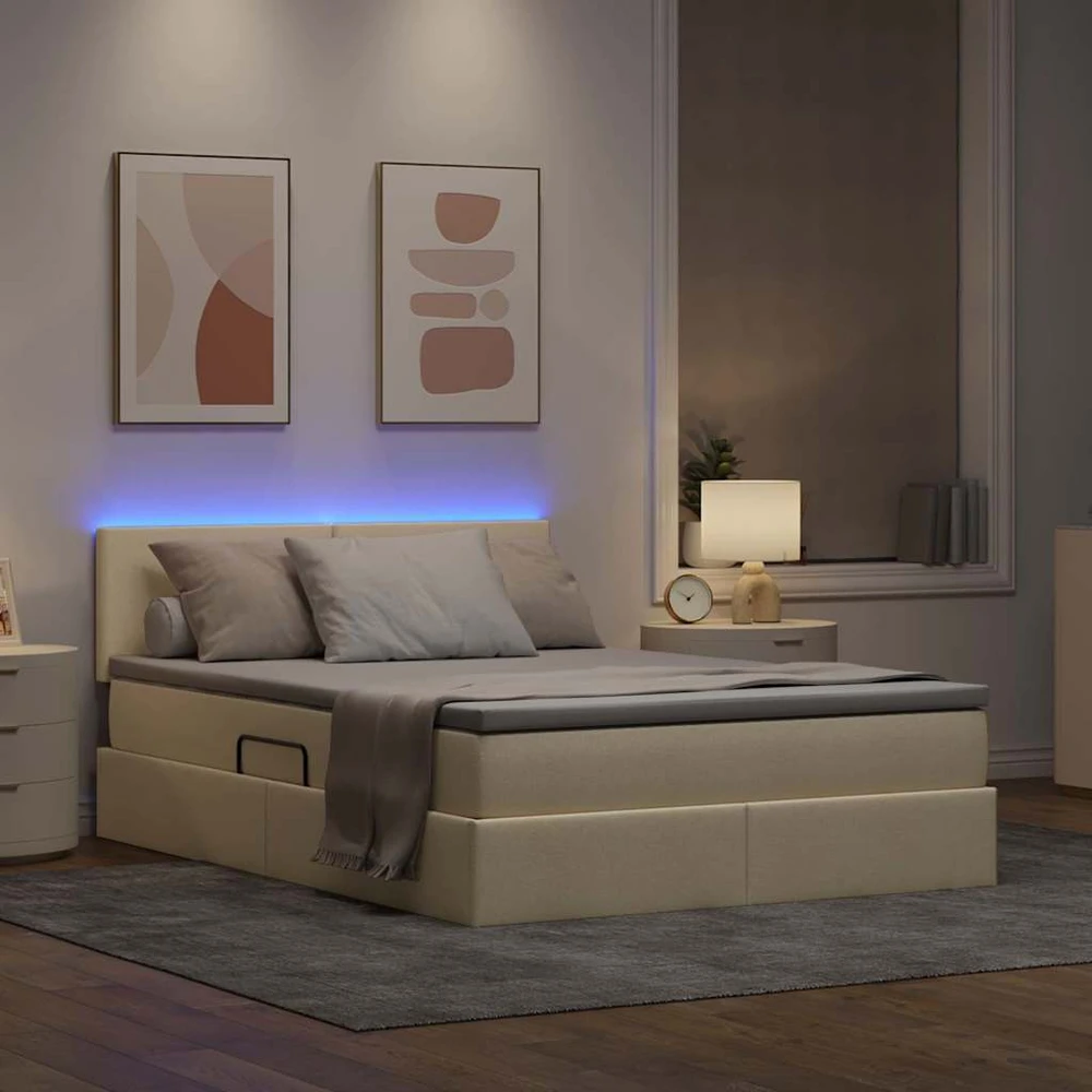 LED saugojimo lova su čiužiniu Kremas 140 x 200 cm Audinys