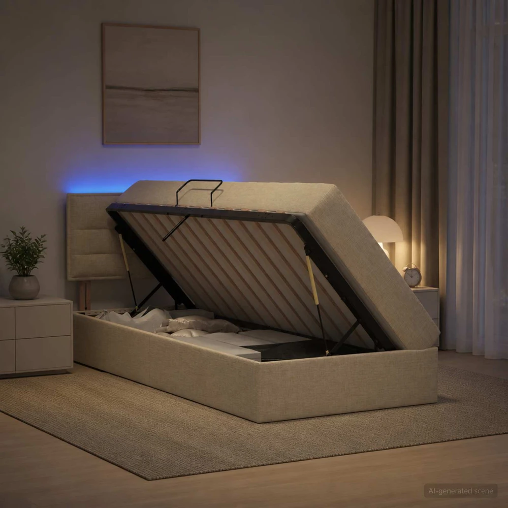 LED saugojimo lova su čiužiniu Kreminė 100 x 200 cm Audinys