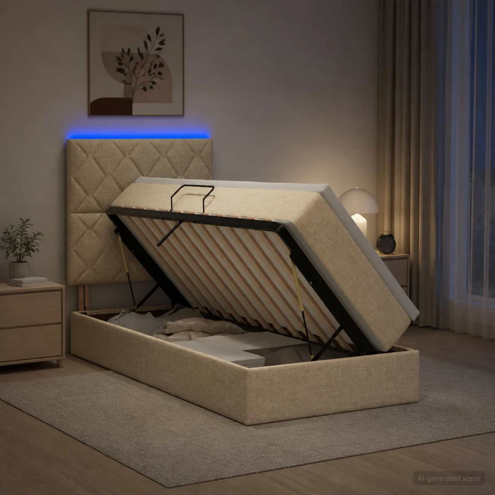 LED saugojimo lova su čiužiniu Kreminė 100 x 200 cm Audinys