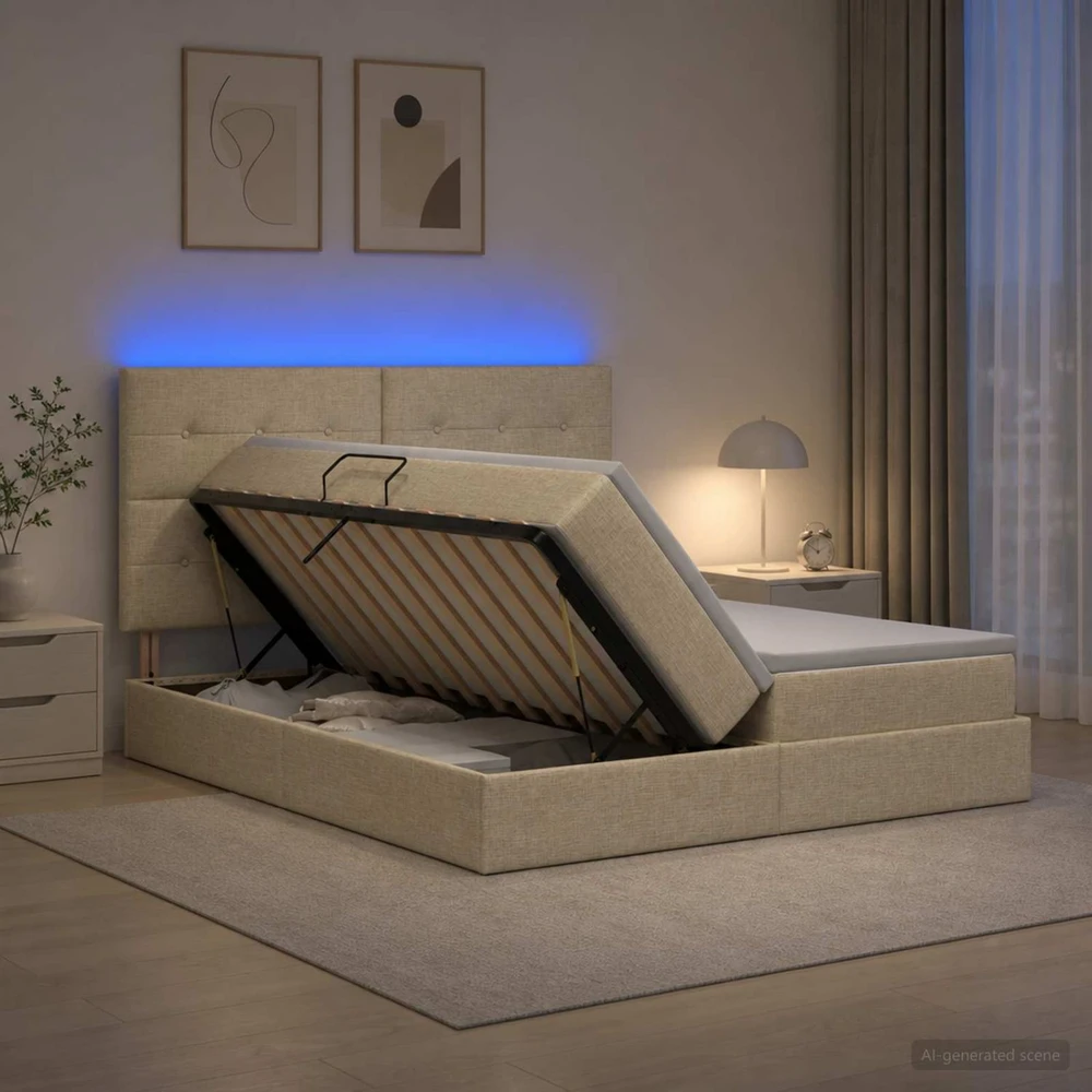 LED saugojimo lova su čiužiniu Kreminė 180 x 200 cm Audinys