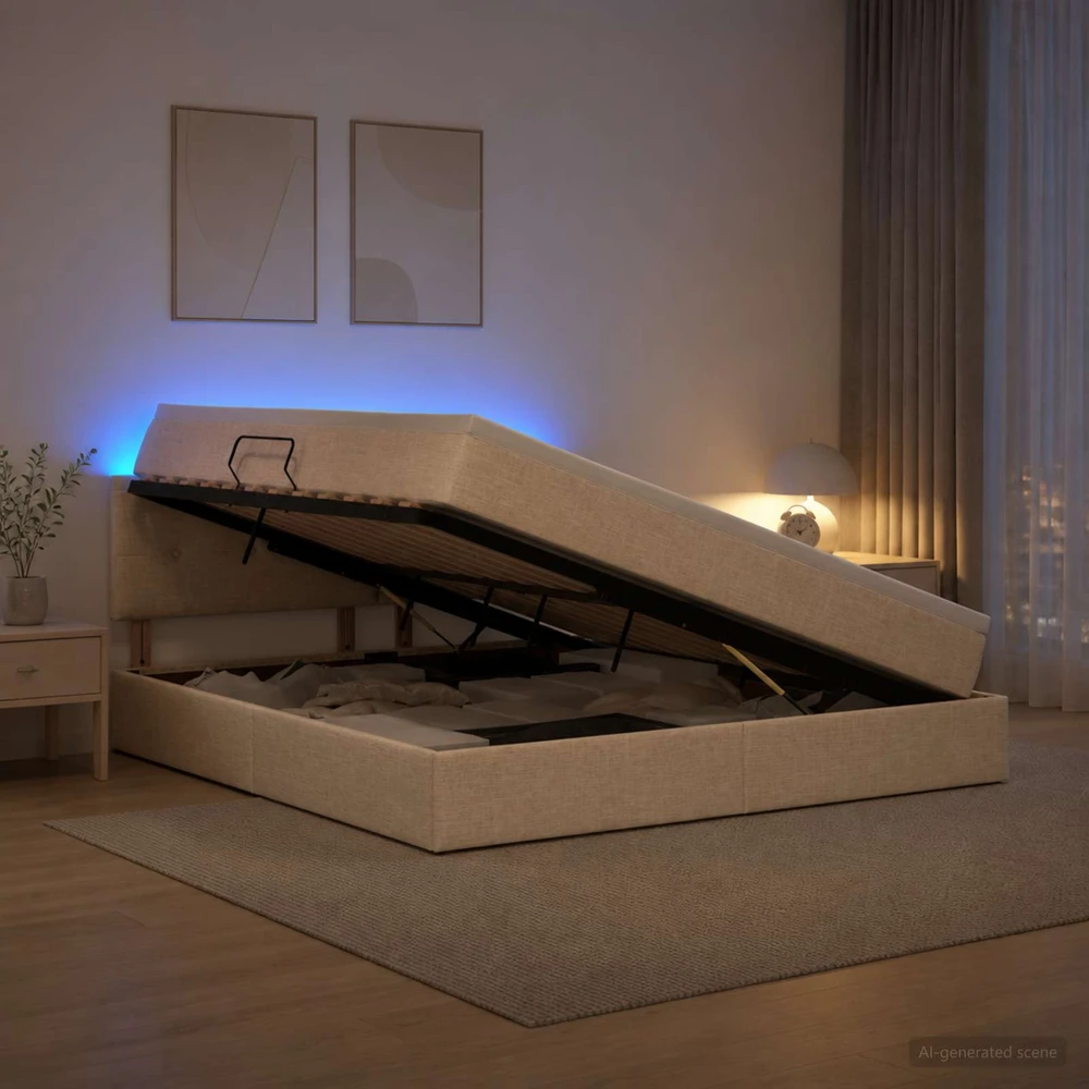 LED saugojimo lova su čiužiniu Kreminė 180 x 200 cm Audinys