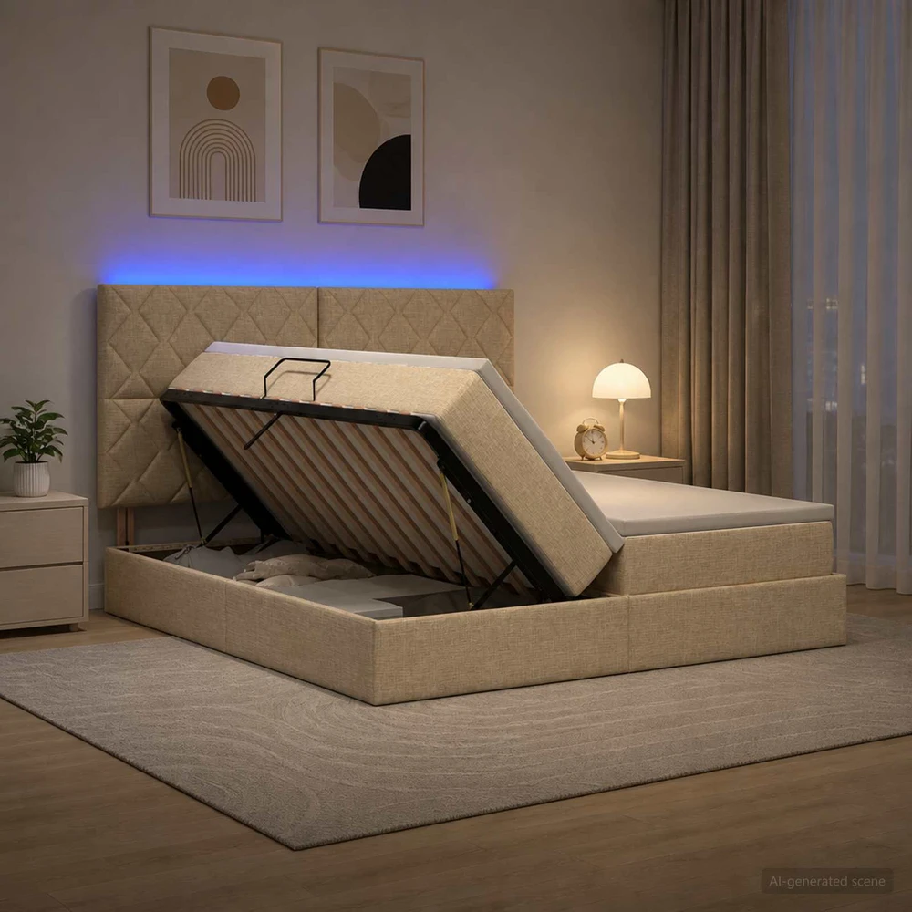 LED saugojimo lova su čiužiniu Kreminė 200 x 200 cm Audinys