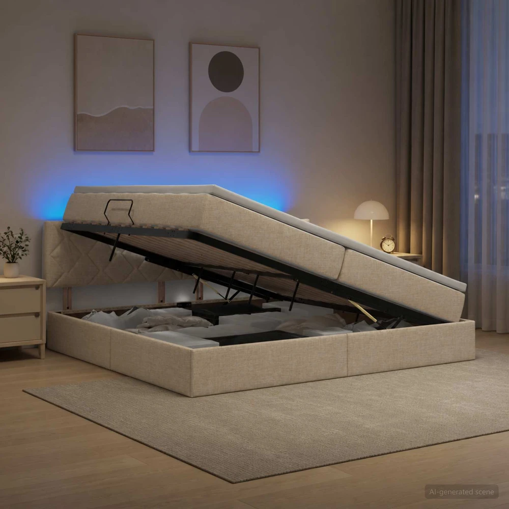 LED saugojimo lova su čiužiniu Kreminė 200 x 200 cm Audinys