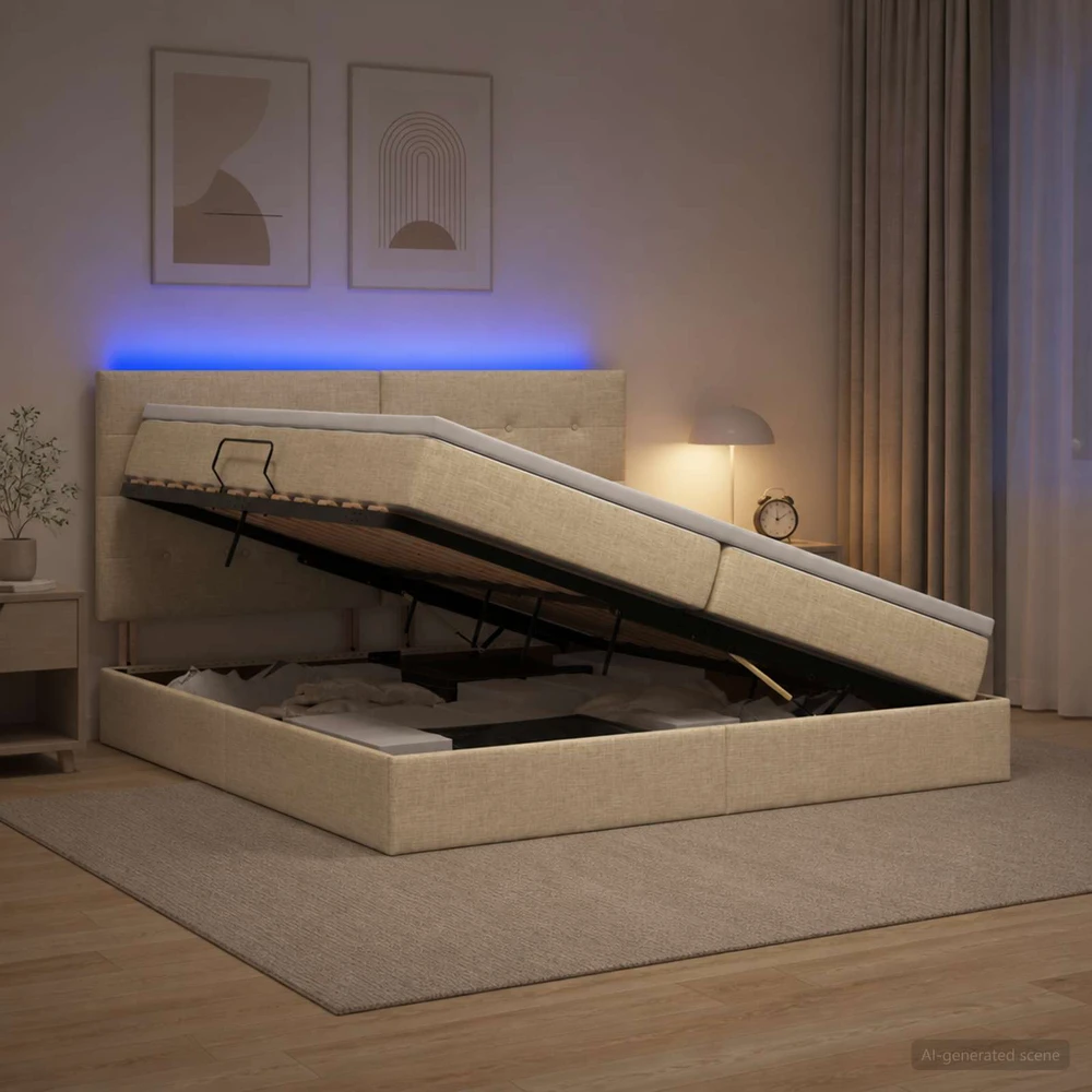LED saugojimo lova su čiužiniu Kreminė 200 x 200 cm Audinys