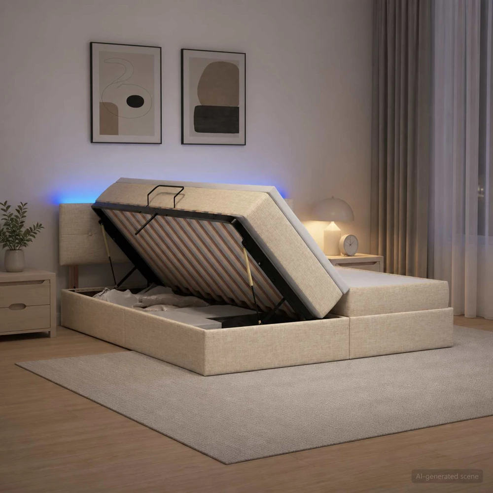 LED saugojimo lova su čiužiniu Kreminė 200 x 200 cm Audinys