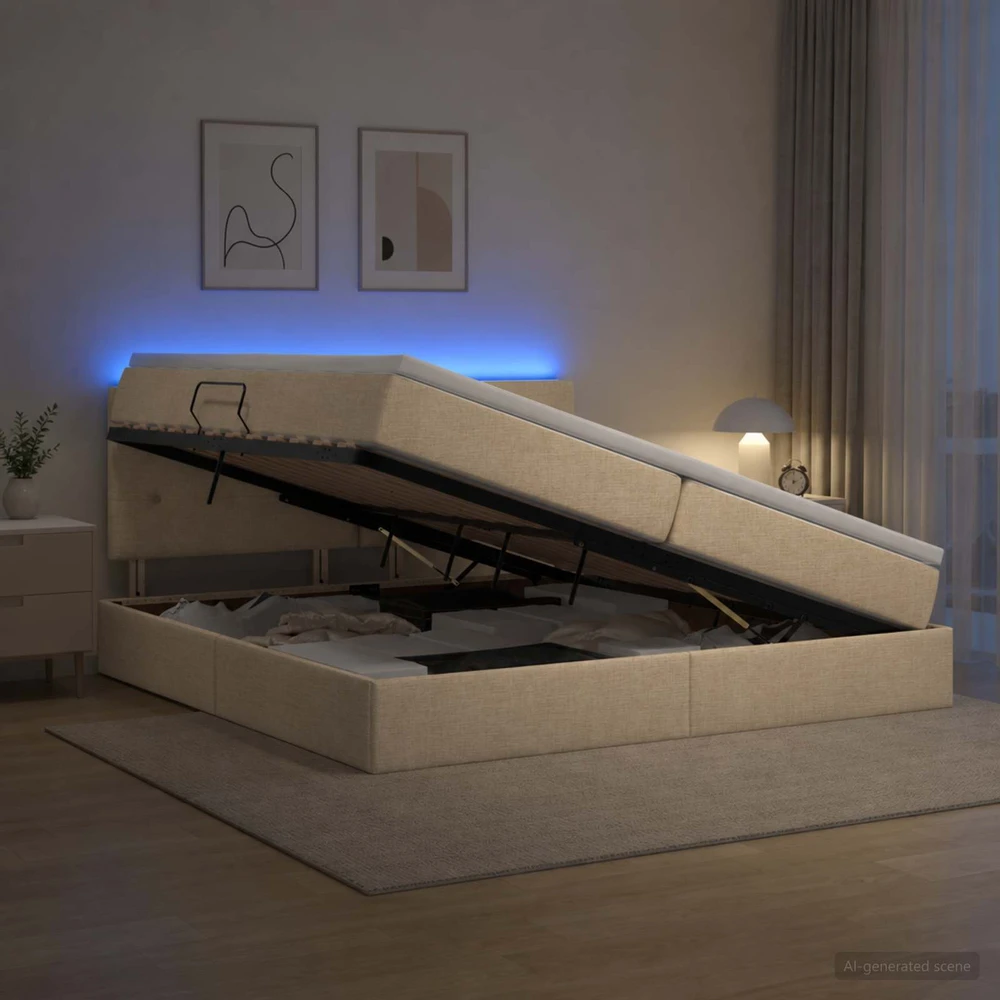 LED saugojimo lova su čiužiniu Kreminė 200 x 200 cm Audinys