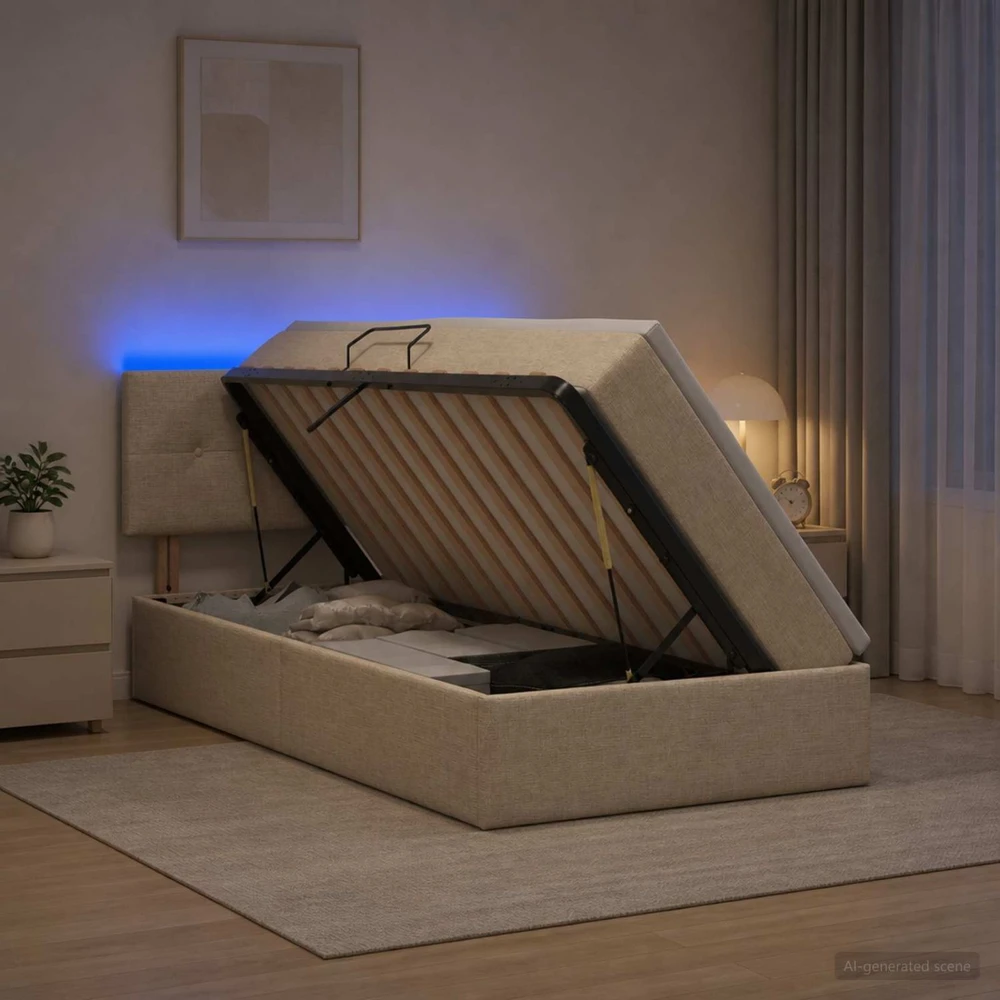 LED saugojimo lova su čiužiniu Kreminė 90 x 200 cm Audinys