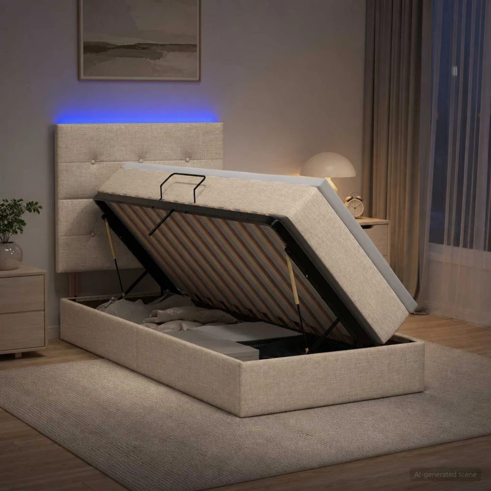 LED saugojimo lova su čiužiniu Kreminė 90 x 200 cm Audinys