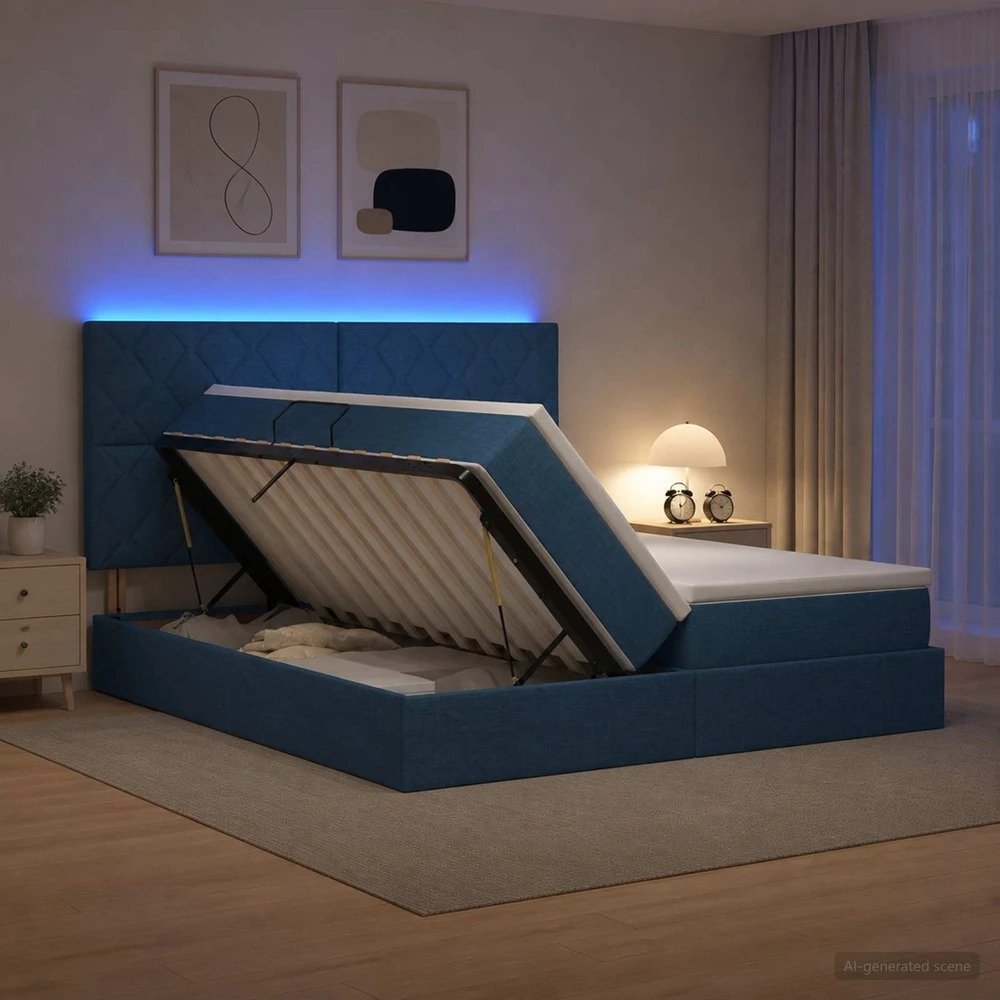 LED saugojimo lova su čiužiniu Mėlyna 180 x 200 cm Audinys