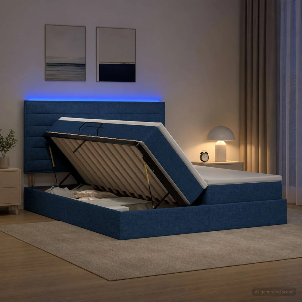 LED saugojimo lova su čiužiniu Mėlyna 200 x 200 cm Audinys