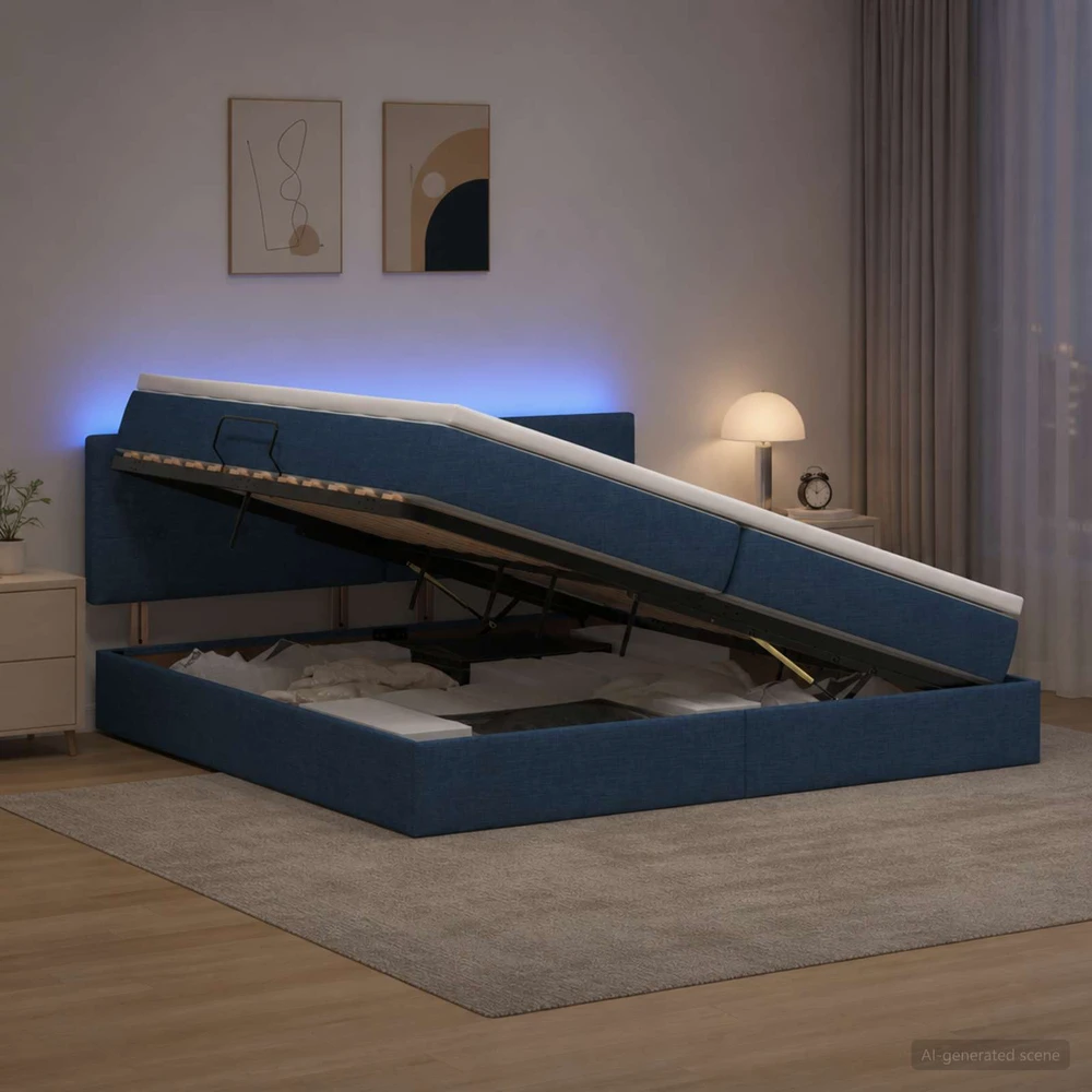 LED saugojimo lova su čiužiniu Mėlyna 200 x 200 cm Audinys