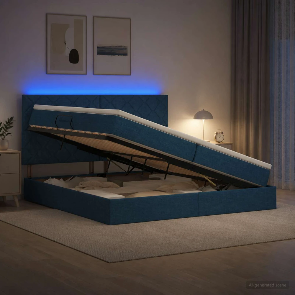 LED saugojimo lova su čiužiniu Mėlyna 200 x 200 cm Audinys