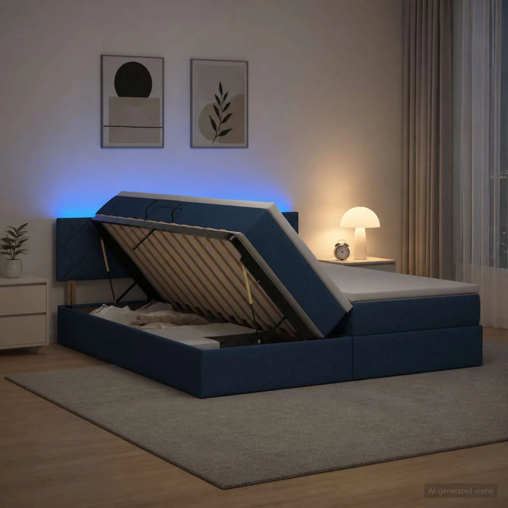 LED saugojimo lova su čiužiniu Mėlyna 200 x 200 cm Audinys